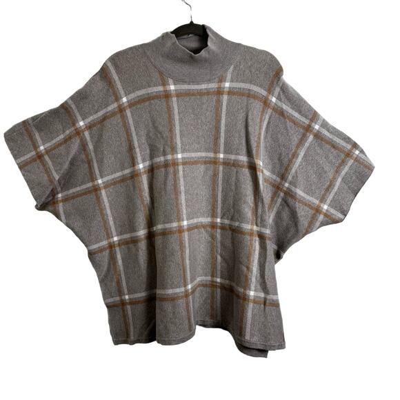 Max Studio Womens Poncho Cape Mock Neck Window Pane Plaid One Size Knit Pullover - Picture 1 of 8